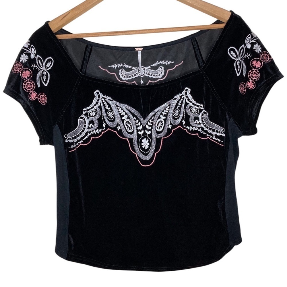 Free People | Black Velvet Embroidered Party Train Top L